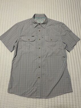 Poncho Men's Short-Sleeve Button-Down Plaid Shirt in Light Blue Medium